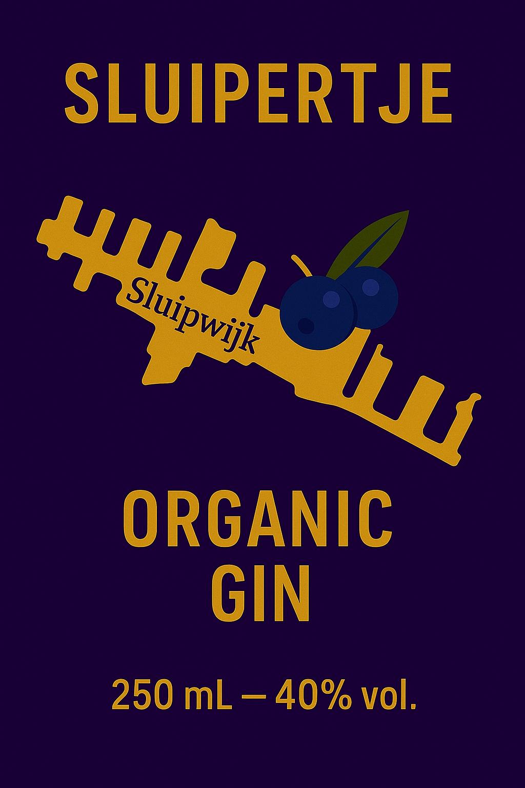 Etiket van Sluipertje Organic Gin, met de omtrek van Sluipwijk en jeneverbessen