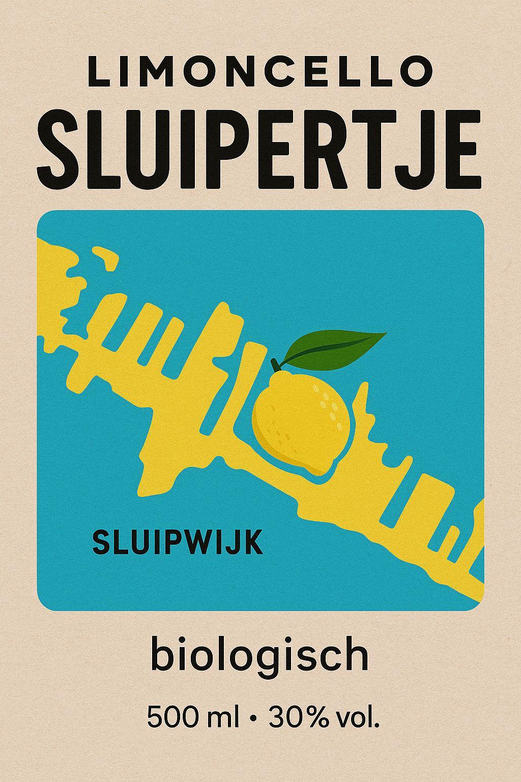 Etiket van Limoncello Sluipertje, met de omtrek van Sluipwijk en een citroen